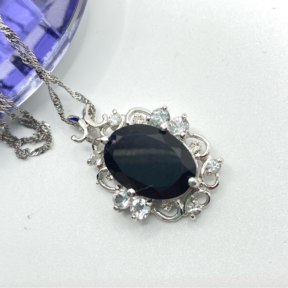 VJ Italy .925 Black Stone Pendant Filigree Rhinestones On 17' Chain - Picture 9 of 12